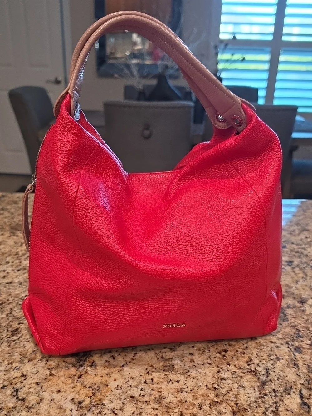 Furla Red Pebbled Leather Shoulder Bag with Tan Handle